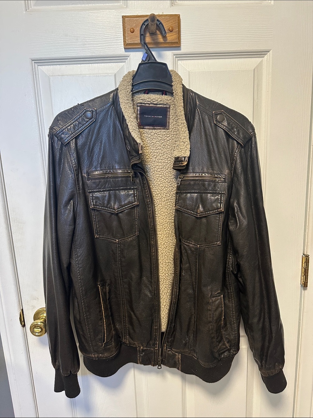 Tommy Hilfiger Dark Brown Leather Bomber with Cream Sherpa